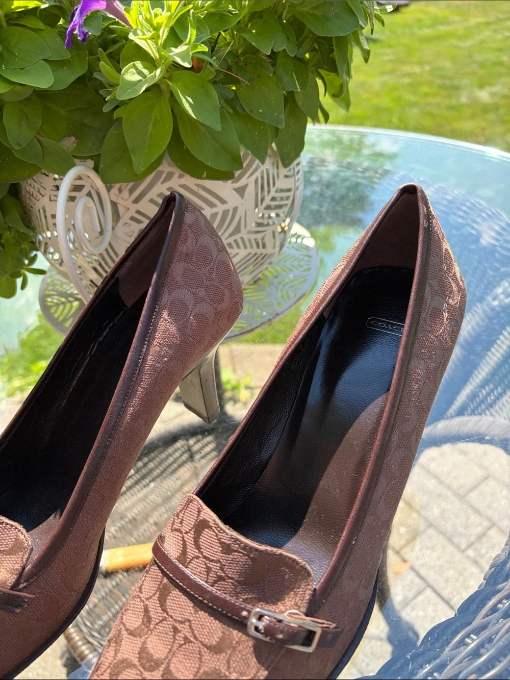 Coach Brown Logo Canvas Buckle Pump Heels